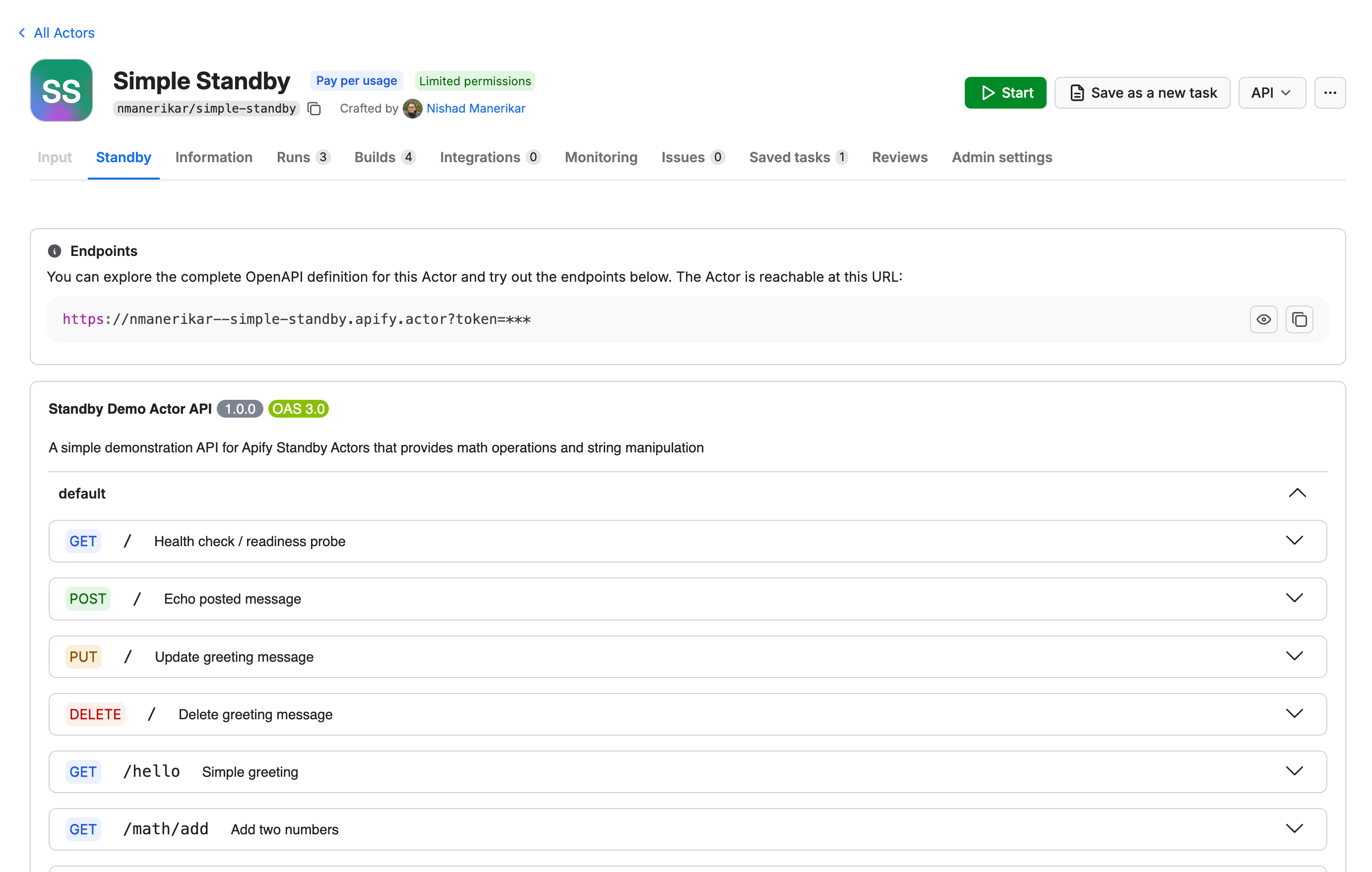 Apify Console showing the Standby tab with the Endpoints section rendered from the Actor's OpenAPI spec